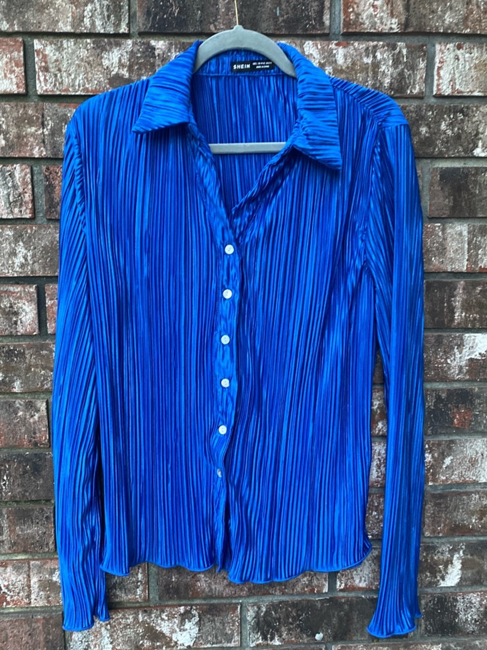 Pleated Button-Down Blouse - Blue